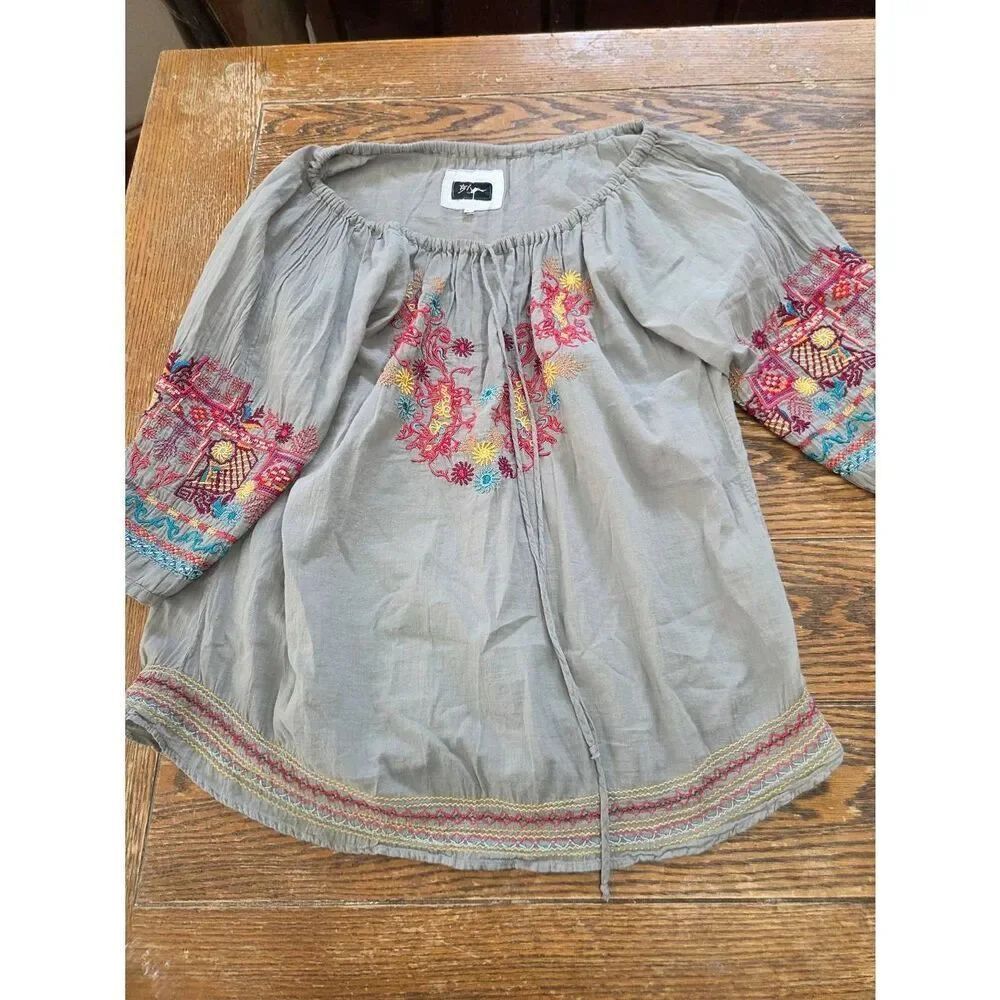 Johnny Was Biya grey embroidered tie neck Bohemian Peasant Blouse sz L